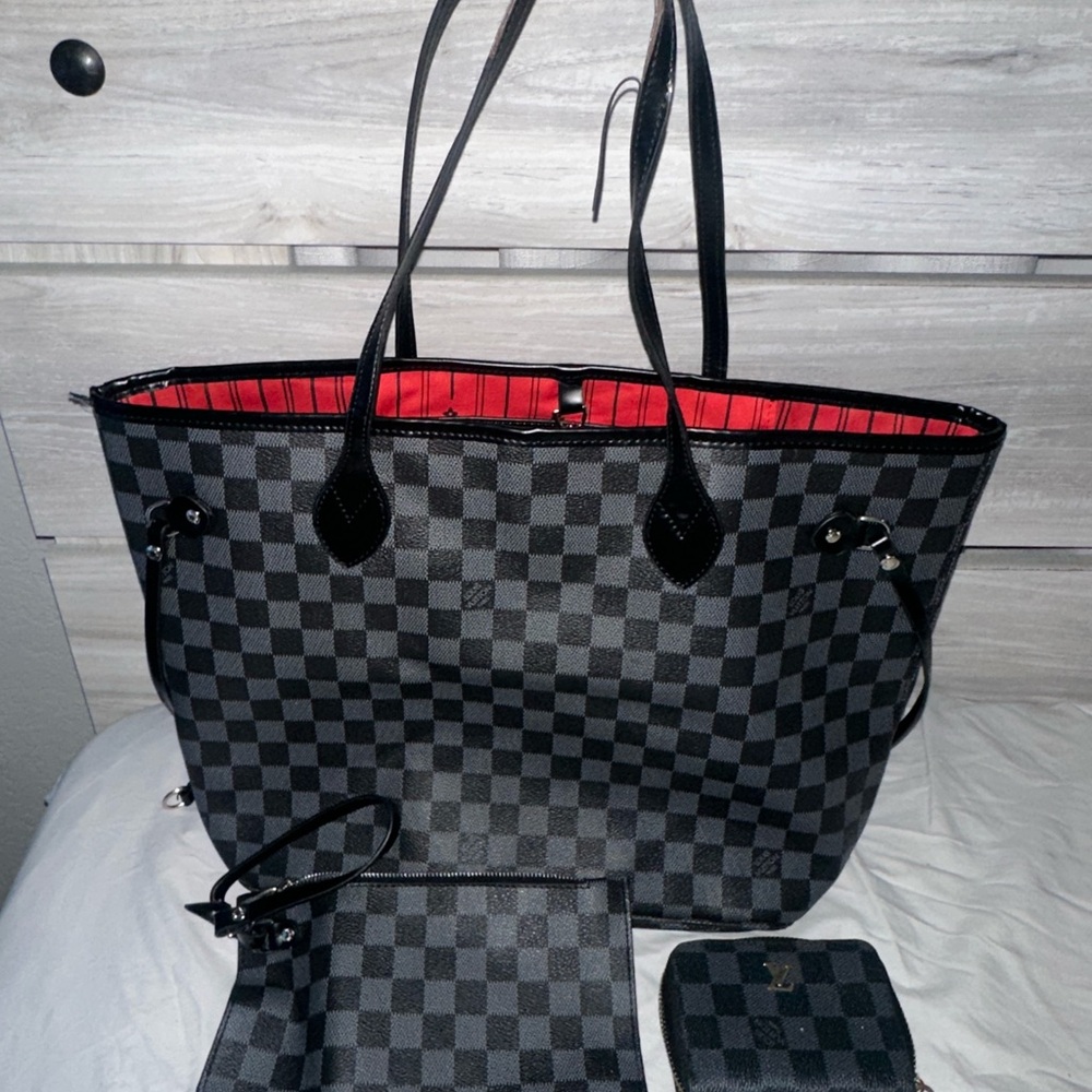 SOLD‼️Louis Vuitton Black and Gray Checkered Tote with Red Interior
